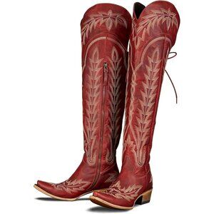 Women Red Polyurethane Over the Knee Cowboy Adjustable Thigh High Cowgirl Boots